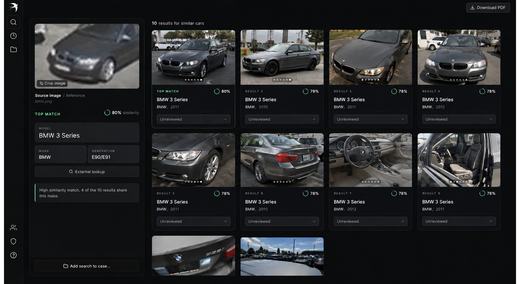 Live result surface: BMW 3 Series vehicle identification with ranked similar-car matches