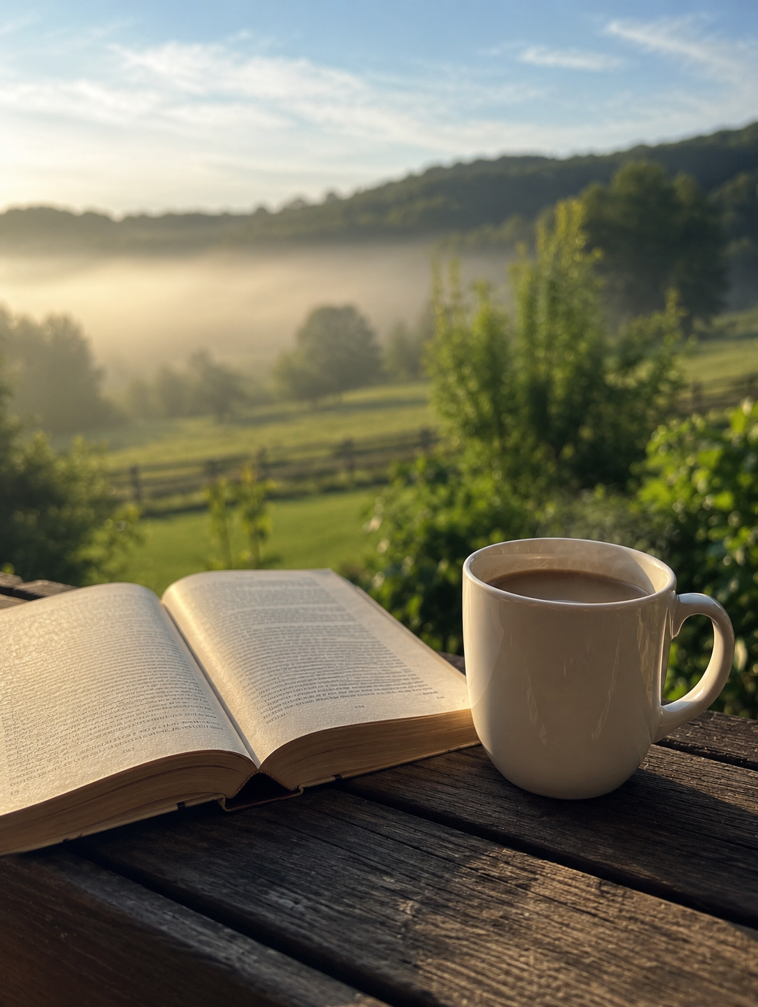 Original photo: coffee mug and open book on a wooden table overlooking a misty valley