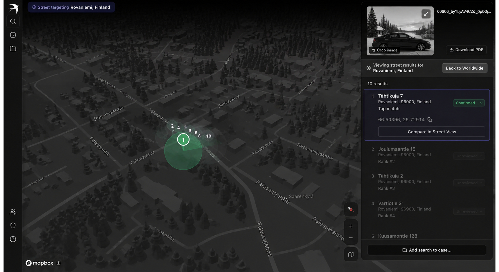 Live result surface: Rovaniemi street targeting with ranked address candidates