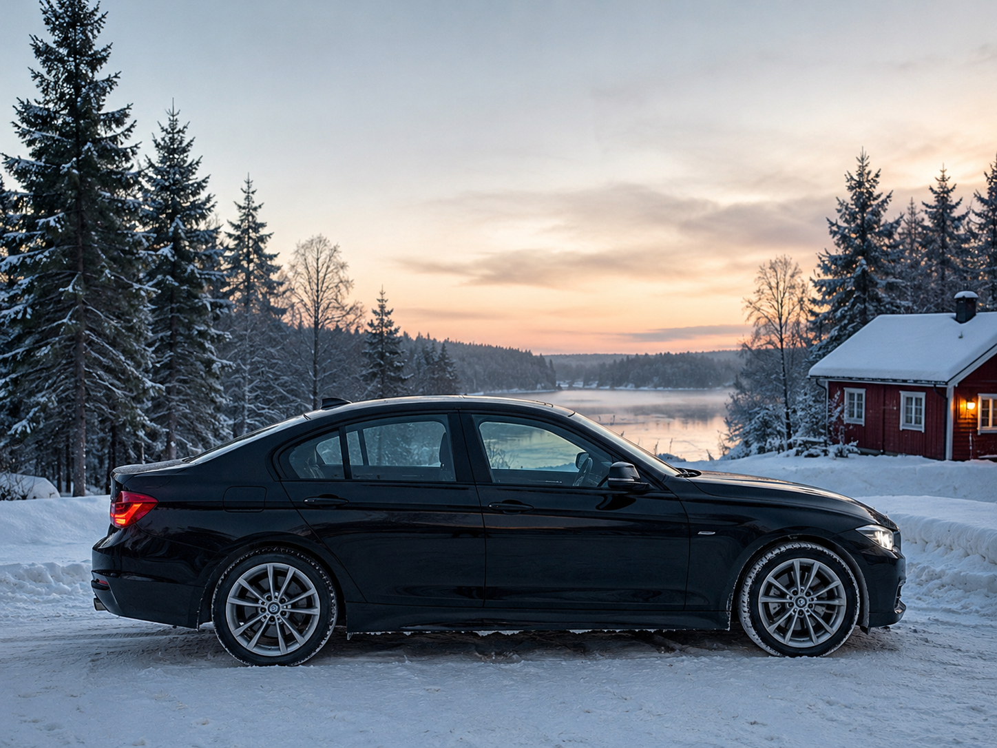 Black sedan parked on a snowy road beside a frozen lake at dusk